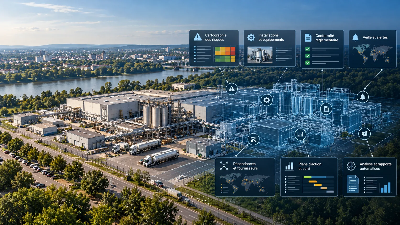 Un site industriel et son jumeau numérique : cartographie des risques, installations, conformité, veille, dépendances, plans d’action et rapports
